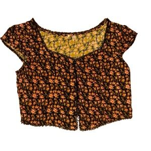 Elegant Floral Crop Top in Black and Orange